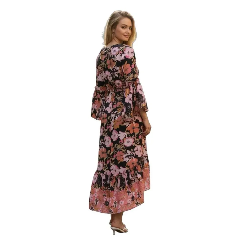 NEW RAGA Vera Floral Boho High Low Flowy Maxi Dress Tie Front Cottagecore Size S - Picture 3 of 9